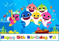 a birthday card with five cartoon sharkes on the bottom and under water in the background