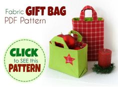 two bags with christmas ornaments in them and the text, fabric gift bag pattern click to see this pattern