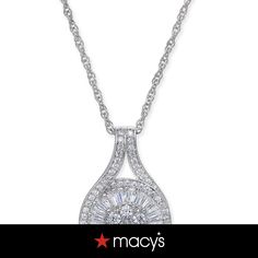 in stock Elegant Macy's Diamond Necklace With Diamond Accents, Macy's Elegant Diamond Necklace With Accents, Elegant Macy's Diamond Necklace With Accents, Elegant Silver Diamond Necklace By Macy's, Luxury Diamond Necklace From Macy's, Classic Pendant Jewelry With Baguette Diamonds, Diamond Baguette, Cluster Pendant, Diamond Pendant Necklace