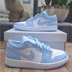 Size 9.5 Woman’s Light Blue Jordans, Af1 Aesthetic, Jordan 1 Low Ice Blue, Sporty Coquette, Cute Jordans, Blue Mittens, Jordan Shoes For Women, Cute Womens Shoes, Nike Shoes Women Fashion