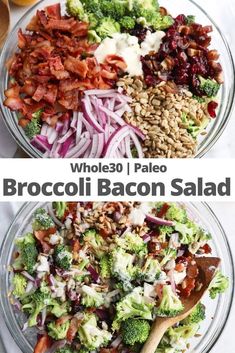 broccoli bacon salad is shown in two separate bowls with the same toppings