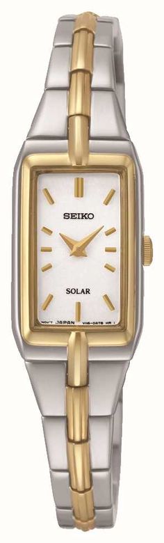 Seiko SUP272P9 - In stock. The Women's Solar Rectangle Dial Two Tone Bracelet has attractive baton dial with a luxurious two tone case and bracelet. This model has attractive curves. Seiko, always one step ahead of the rest. Established in 1881 by Kintaro Hattori, Seiko has built up itself to be easily recognized name in watches. . Official Seiko UK retailer. The Seiko SUP272P9 comes with free delivery, 2 year guarantee, 30 day returns and box. Two Tone Bracelet, Seiko Solar, Solar Watch, Led Watch, Bangle Watches, For Sale Sign, Stainless Steel Band