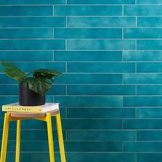 a yellow stool with a potted plant sitting on it in front of a blue brick wall