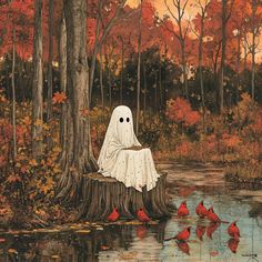 a painting of a ghost sitting on top of a tree stump in the water with red birds around it