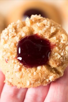 a close up of a person's hand holding a cookie with jelly on it