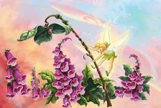 a painting of a fairy sitting on a branch with purple flowers