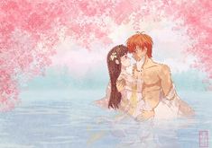 two people are sitting in the water with cherry blossom trees around them and one person is hugging