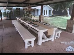 the picnic table is set with plates on it