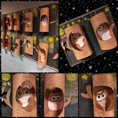 there are several pictures of owls in the cardboard boxes with holes for eyes and hands