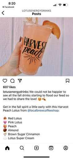 someone is holding up a drink with an orange slice in it and the caption reads, harvest peach