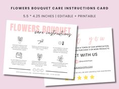 the flowers bouquet care instructions card is shown with pink and white lettering on it, along with