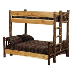 a wooden bunk bed with two pillows on it