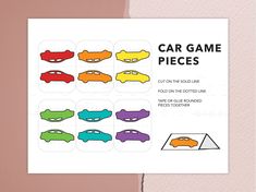 a card with cars on it and the words car game pieces