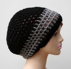 "Black and heather grey slouchy hat/small tam, vegan suitable in 100% acrylic. Created in a slouchy tam style and crocheted with open weave stitches, this beanieis warm and yet suitable to wear all year around. Let it sag in the back or tuck in your hair. Nice double loop stitches for stretch. Moderate length for any kind of hair, also great for long hair and moderate dreads. Width at brim 22\", stretches to 27\", cinches smaller with drawstring Length from crown to rim 9\" Widest point across 1 Small Dreads, Mens Slouchy Beanie, Womens Beanie, Slouchy Beanie Hat, Beanie Hats For Women, Slouch Hat, Women's Beanie, Slouchy Hat, Slouchy Beanie