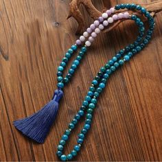 Spiritual Peace Mala! Necklace And Bracelet Set. Beautiful Blue Natural Apatite 8 Mm Gemstones With Blue Tassel. Apatite Supports Opening Your Heart And Mind To Embrace Your True Self. A Deeply Spiritual Stone That Offers A Cleansing Influence To The Aura, Especially In The Mental Body, The Vibratory Level Associated With Psychic Perception. Purple Lepidolite Is Sometimes Called The Peace Stone, Because It Has Such Nurturing And Calming Properties. Will Be Energetically Charged By A Reiki Master Purple Agate Bohemian Beaded Necklaces, Adjustable Bohemian Purple Gemstones, Bohemian Blue Necklaces With Natural Stones, Purple Bohemian Jewelry For Meditation, Bohemian Purple Jewelry For Meditation, Blue Lapis Lazuli Necklace For Meditation, Handmade Spiritual Blue Crystal Necklace, Handmade Blue Spiritual Crystal Necklace, Spiritual Handmade Blue Crystal Necklace