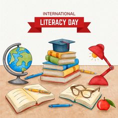 there is a pile of books and an apple on the table next to it are glasses, a lamp, a book with a red ribbon that says international literracy day