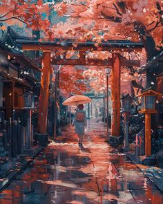 a painting of a person holding an umbrella in the rain with trees and buildings behind them