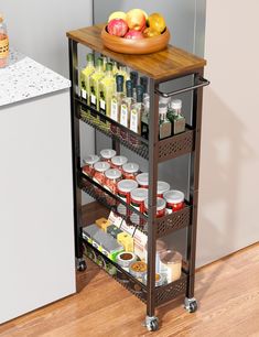 a kitchen cart with food and condiments on it