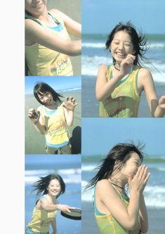 four different pictures of a woman on the beach with her hair blowing in the wind