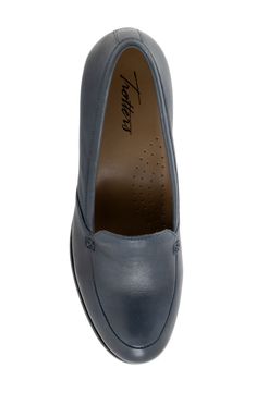 A rounded toe and wrapped heel highlight the smooth curves of this minimalist loafer pump supported by a cushioned footbed for walkable comfort. 2" heel Cushioned footbed with arch support Leather upper and lining/rubber sole Imported Office Slip-ons With Cushioned Footbed And Closed Toe, Office Slip-ons With Cushioned Footbed, Office Cushioned Footbed Closed Toe Slip-ons, Round Toe Loafers With Arch Support For Work, Round Toe Workwear Loafers With Arch Support, Workwear Loafers With Arch Support And Round Toe, Workwear Slip-ons With Ortholite Insole, Medium Width, Slip-on Heels With Arch Support For Work, Comfortable Slip-ons With Arch Support For Work