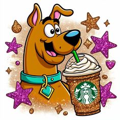 a cartoon dog with a starbucks drink in it's mouth and stars around him