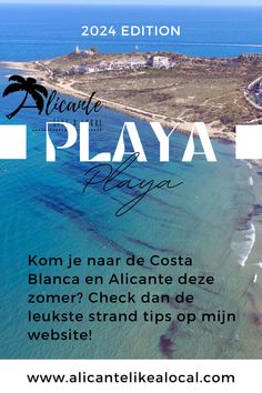 an aerial view of the beach and ocean in playa, with text overlaying it