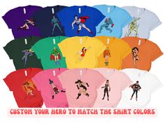 Custom Superhero Halloween Group Shirt, Personalized Retro Hero Costume Tee, Colorful Office Matching Shirt, Friend Family Holiday Costume Suit up in style with our Custom Halloween Hero Group Shirts, featuring personalized retro superhero designs. These colorful tees are perfect for matching office teams, friends, or family for holiday costumes, adding a fun and festive superhero vibe to your Halloween celebration! ★ How to Order: ➥ Please carefully review all provided information before making Retro Superhero, Colorful Office, Superhero Designs, Superhero Halloween, Halloween Group, Holiday Costumes, Office Colors, Hero Costumes, Group Shirts