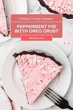 a slice of peppermint pie with oreo crust on a plate next to a fork