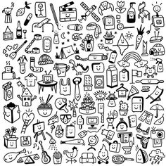 a black and white drawing of many different things