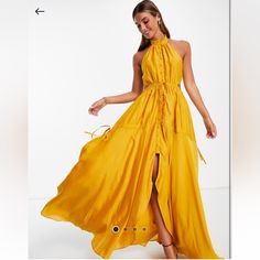 New With Tags Mustard Halter Dress Halter Neck Maxi Dress, Halter Maxi Dress, Halter Maxi, Halter Maxi Dresses, Tiered Skirt, Halter Dress, Mustard, Colorful Dresses, Cut Out