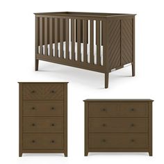 the crib and dresser are shown in three different colors