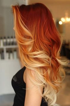 Red To White Ombre Hair, Fire Ombre Hair Long, Curly Red Hair With Blonde Highlights, Red Hair With Blonde Underneath, Red To Blonde Ombre Hair, Copper And Blonde Highlights, Red And Blonde Hair, Red Hair With Blonde, White Ombre Hair