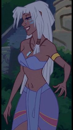 an animated image of a woman with white hair and no shirt, standing in front of trees