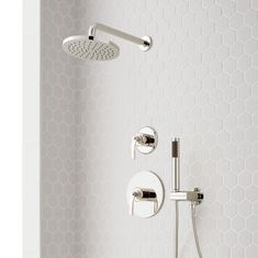 Combine daring modernity with industrial-inspired flair with the Gunther Pressure Balance Shower Set. In addition to a luxurious rainfall shower head that extends 12" from the wall, this kit includes a durable metal hand shower and wall bracket to easily rinse hard-to-reach areas. Its lever-style control features subtle knurled detailing to bring a tinge of texture to your space. Choose your favorite finish to complete the look. | Gunther Pressure Balance Shower System with Hand Shower - Polishe Polished Nickel Bathroom Fixtures, Shower Build, Industrial Showers, Brass Shower Head, Faucet Design, Shower Fixtures, Brass Shower, Wall Mount Faucet, Rainfall Shower Head