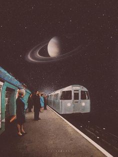 people are waiting for the train to arrive at the station with saturn in the background