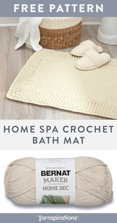 a crochet bath mat with the text, home spa crochet bath mat