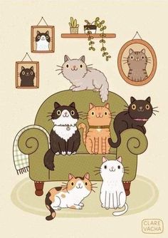 a group of cats sitting on top of a green chair