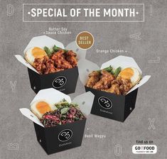 three boxes with different types of food in them and the words special of the month