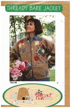 a woman wearing a jacket with patches on it and flowers in her hand, next to the