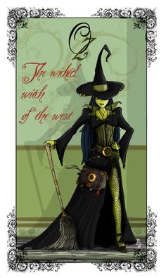 a woman dressed up as a witch with a broom in her hand and an inscription on the back