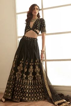 Shop for Studio Iris India Black Siyahi Banarasi Silk Lehenga Set for Women Online at Aza Fashions Black Chanderi Lehenga With Zari Work, Black Chanderi Lehenga With Traditional Drape, Eid Black Art Silk Lehenga, Black Art Silk Lehenga For Eid, Black Art Silk Traditional Wear For Reception, Black Bollywood Style Raw Silk Lehenga, Black Bollywood Raw Silk Lehenga, Black Bollywood Lehenga In Raw Silk, Festive Black Chanderi Lehenga