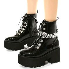 Stylish Punk Women's Platform Motorcycle Boots - High Heeled Ankle Boots With Chain Decor, Lace Up Closure, Comfortable Insole, And Durable Outsole For The Rider In You. Stomper Boots, Boots With Chains, Chunky Heel Platform Boots, Chain Boots, Demonia Boots, Usa Shoes, Doc Marten, Women Platform Shoes, Black Platform Boots