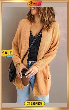 Khaki Open Front Knitted Sweater with Pocket Trendy Outfits For Women, Women Spiritual, Perfect Cardigan, Oversized Sweater Cardigan, Cable Knit Sweater Cardigan, Rib Knit Cardigan, Gilet Long, Cardigan With Pockets, Oversized Knitted Sweaters