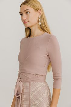 Product Details Lightweight knit Mock Wrap Effect - Can be Tied in Front or Back 3/4 Sleeves Model Models are wearing size XS Lightweight Knit, Dusty Rose, Models, Knitting, How To Wear