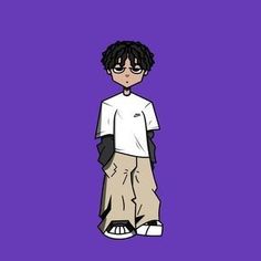 a drawing of a boy with glasses on his head standing in front of a purple background