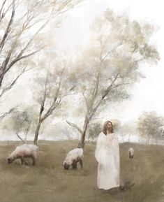 a painting of a woman in a field with sheep