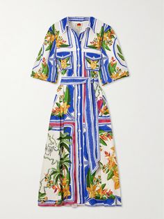 The vibrancy and easy elegance of Farm Rio's collections make them perfect for vacations. This 'Tropical Destination' dress is cut from naturally breathable linen-blend and intricately printed with a design created by the dedicated in-house team. Adjust the belted waist to find your most comfortable fit. Fitted Shirt Dress For Summer Vacation, Fitted Shirt Dress For The Beach, Fitted Summer Shirt Dress For Vacation, Fitted Midi Length Shirt Dress For Vacation, Multicolor Summer Shirt Dress For Beach, White Hawaiian Dress For Spring, White Hawaiian Spring Dress, White Floral Print Summer Shirt Dress, Summer Beach Midi Shirt Dress