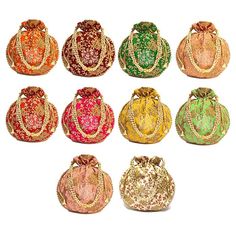 nine purses in different colors and patterns on a white background with gold trimming