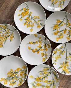 six yellow flowers painted on white plates sitting on a wooden table with wood flooring