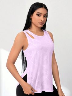 Women's Geometric Jacquard Shoulder Cutout Asymmetrical Hem Slit Irregular Athletic Tank Top Pink   Sleeveless Fabric Geometric,Plain  Slight Stretch  Women Activewear, size features are:Bust: ,Length: ,Sleeve Length: Cropped Camisole, Casual Tie, Rose Bonbon, Gym Tank Tops, Gym Tops, Long Sleeve Tops Casual, Pink Collar, Sport Tank Tops, Sports Tees